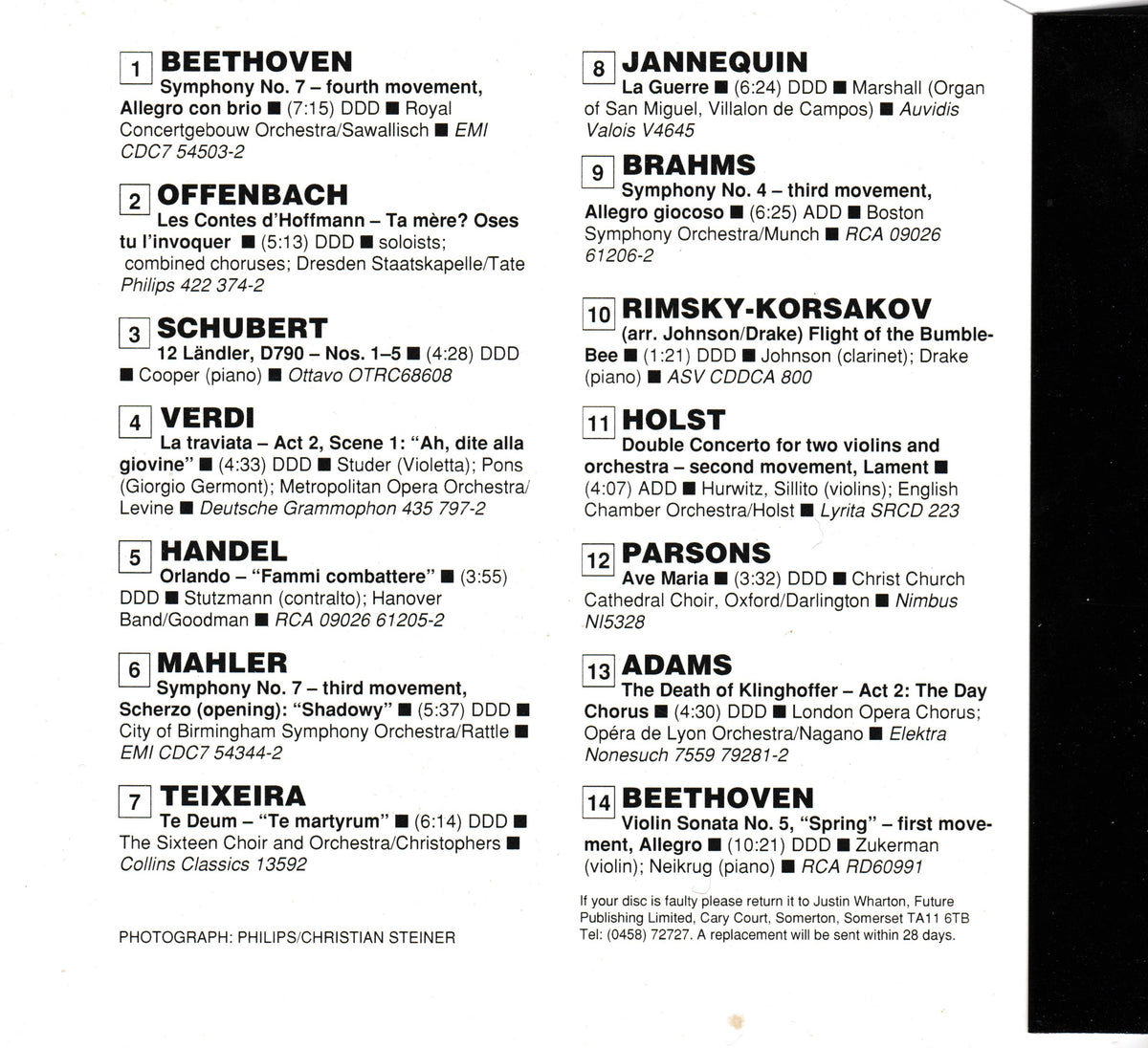 A black and white CD insert featuring classical compositions by composers such as Beethoven, Brahms, Mozart, and Schubert, arranged by Philip Stevens.