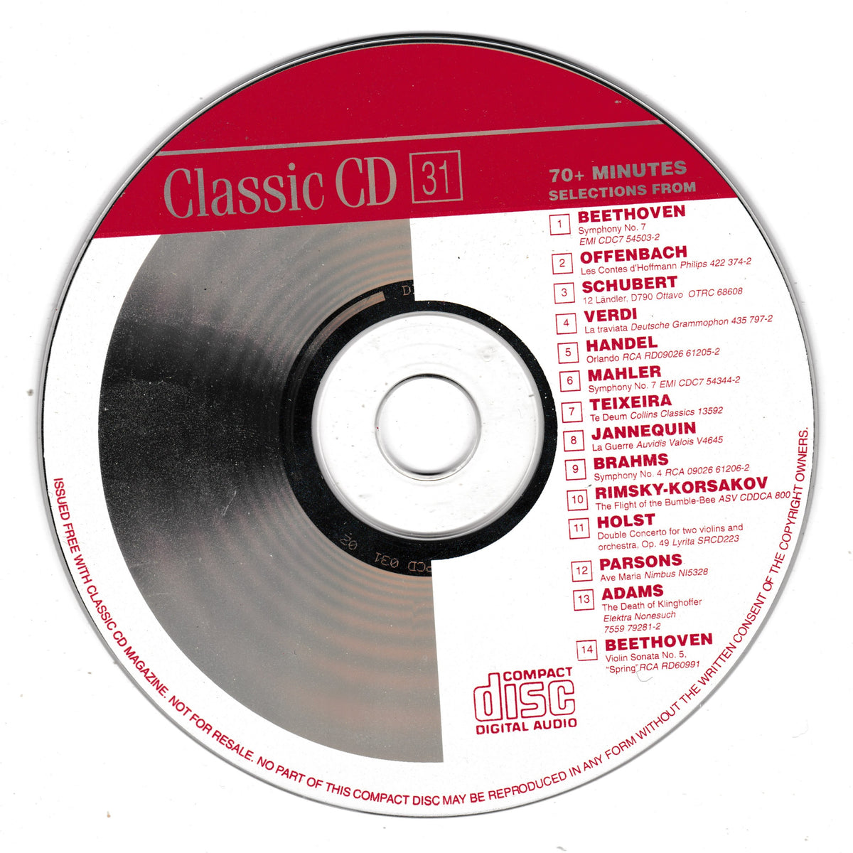A compact disc with a red and silver label reading 'Classic CD 31' and listing classical music works such as Beethoven, Schubert, Verdi, and Brahms. The disc is photographed on a plain white background.