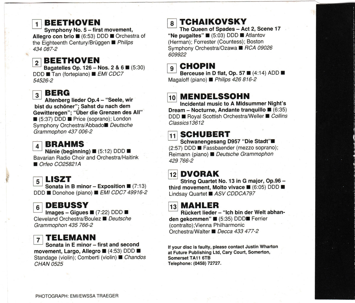 A printed CD insert featuring classical compositions by composers such as Beethoven, Mozart, Chopin, Brahms, Liszt, Debussy, Telemann, Tchaikovsky, Mendelssohn, Schubert, and Mahler, with publisher names and recording labels visible.