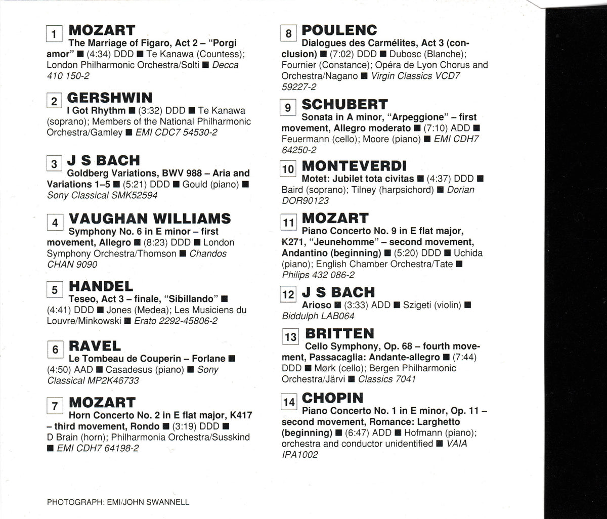 A black-and-white CD insert listing classical music works with numbers, composers, orchestras, and recording labels on a white background.