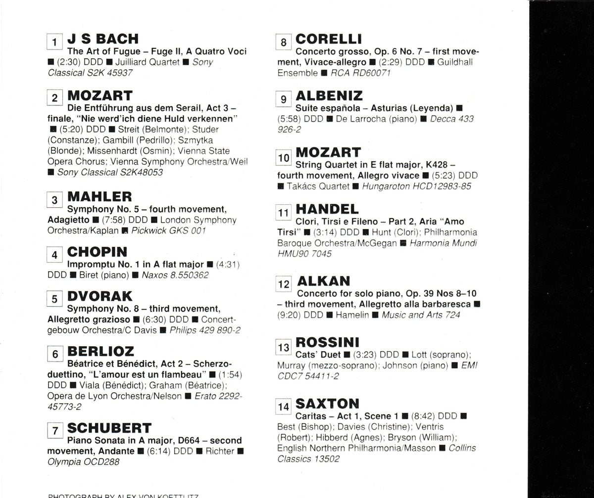 A black and white printed CD insert listing classical music compositions with composers