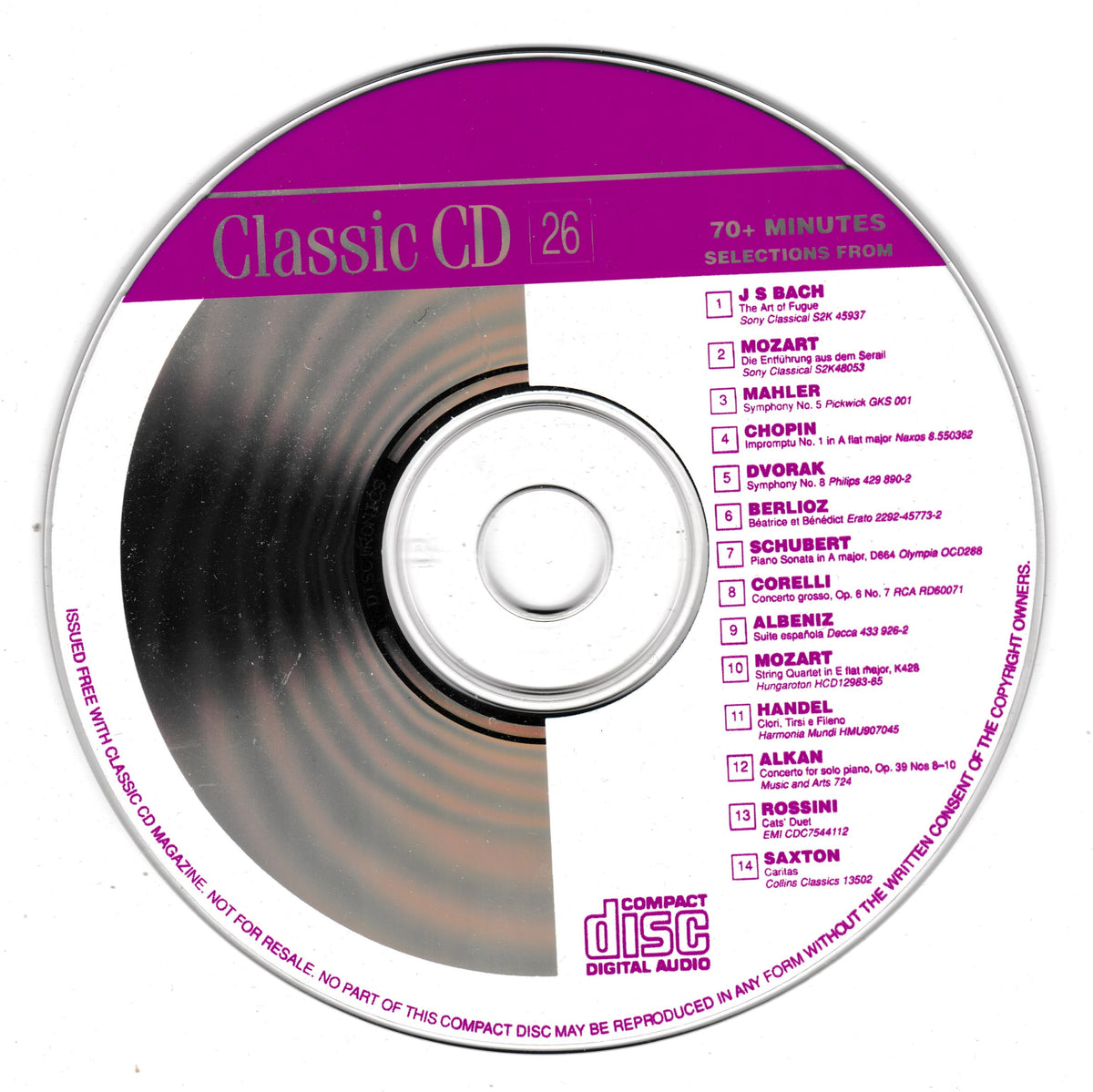 A classic CD with a purple header reading 'Classic CD 26' and a tracklist on the right side, photographed on a white background.