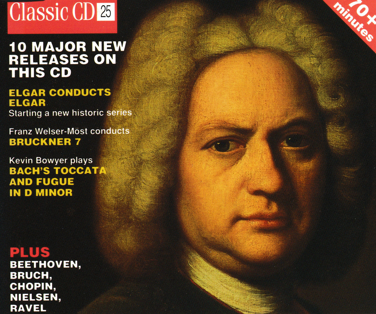 CD cover for '10 Major New Releases on This CD' featuring a classical portrait of Johann Sebastian Bach with text listing composers and performers, including Elgar, Bruckner, Beethoven, Chopin, Nielsen, and Ravel.