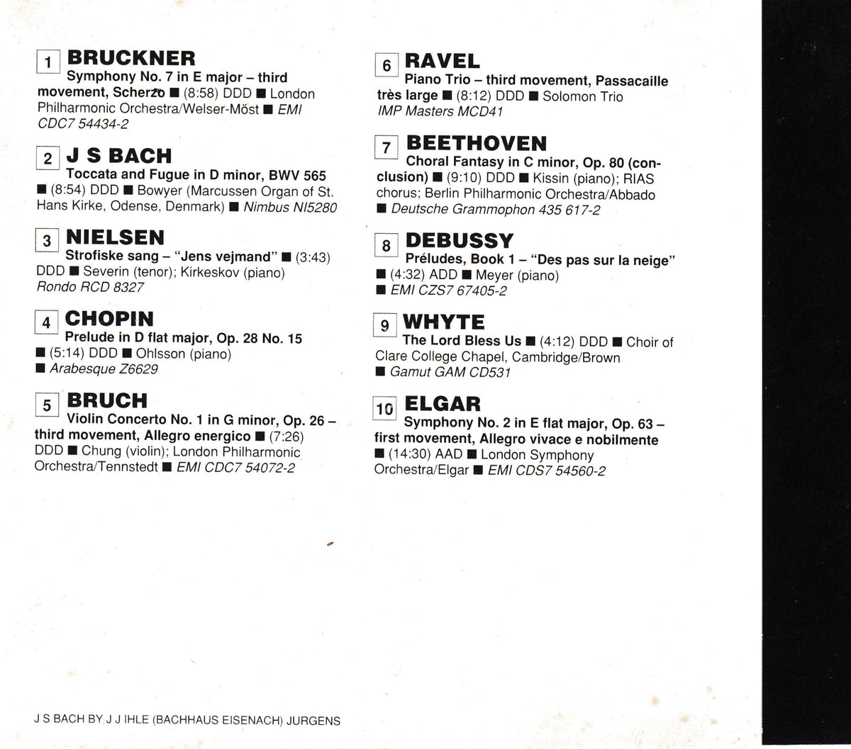 A CD inlay showing a list of classical music compositions with piece numbers, composers, instrument choices, and recording labels on a light gray background.
