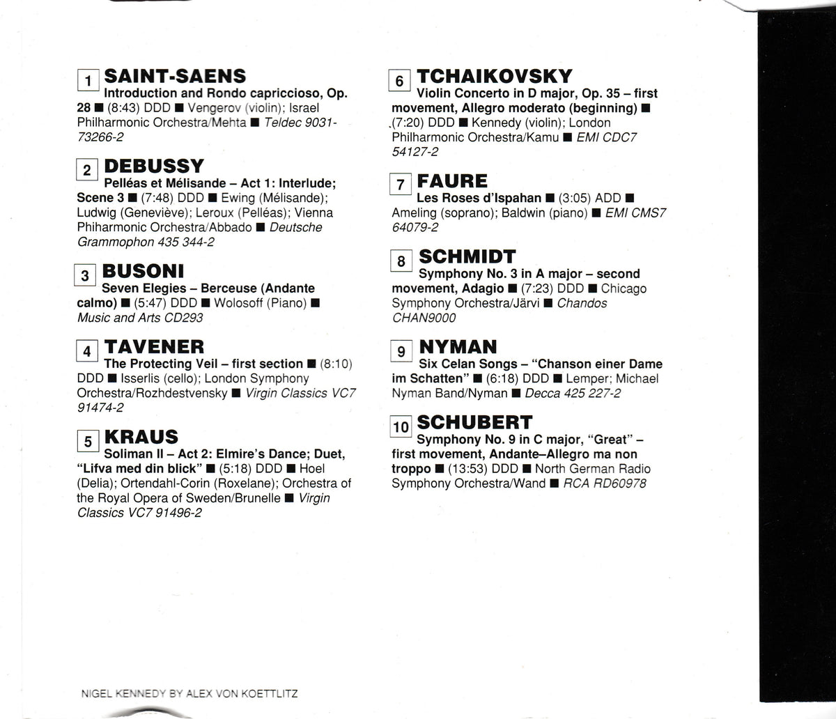 A printed CD inlay showing a classical music program or repertoire list with six works titled and composed, including Saint-Saens, Debussy, Busoni, Tavenner, Kraus, Tchaikovsky, Faure, Schmidt, Nyman, and Schubert, arranged in two columns on a black background.