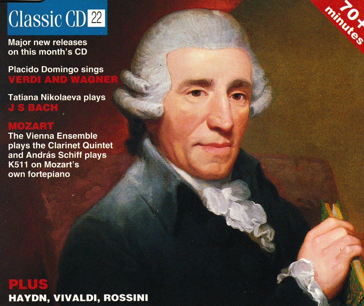 CD cover for a music compilation titled 'Classic CD 22' featuring a painted portrait of Mozart in a black coat and white powdered wig, with white and red text listing featured artists and repertoire.