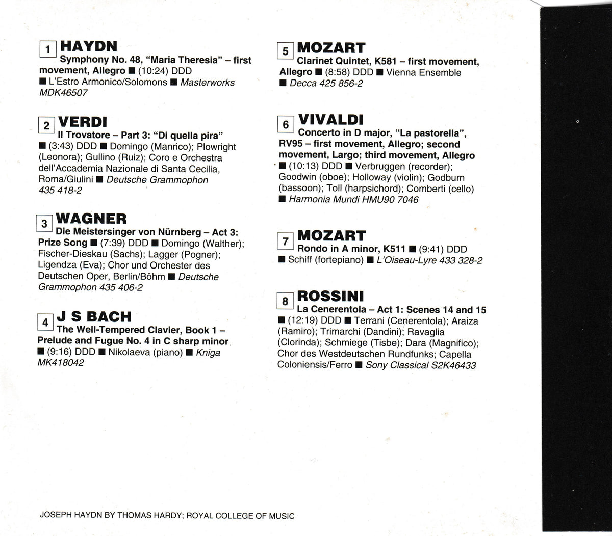 A printed CD inlay for a classical music compilation, featuring a black background with white text listing composers such as Haydn, Mozart, Verdi, Wagner.