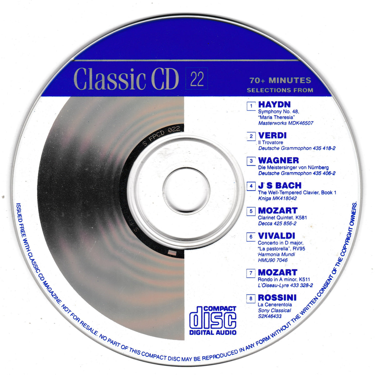 A CD for a music compilation titled 'Classic CD 22' with a blue and white label, featuring a list of classical music works including Haydn, Verdi, Wagner.
