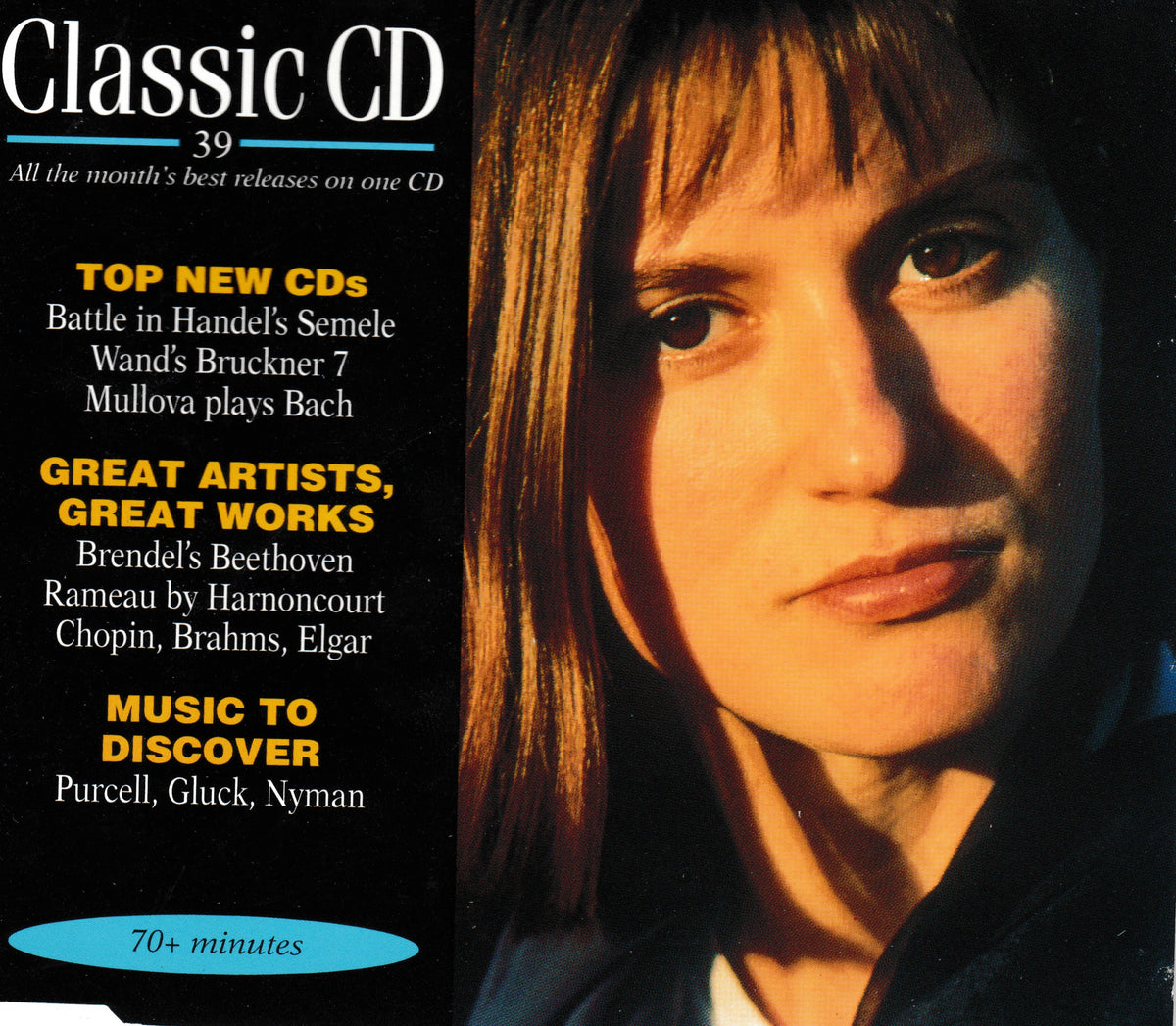 A CD album cover titled 'Classic CD 39' featuring a close-up portrait of a woman on the right side and black background with white, yellow, and blue text on the left promoting music releases.
