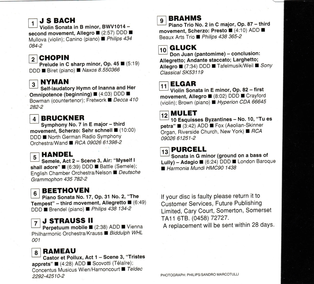 A black-and-white CD inlay listing classical piano arrangements with composer and performer names, including J. S.