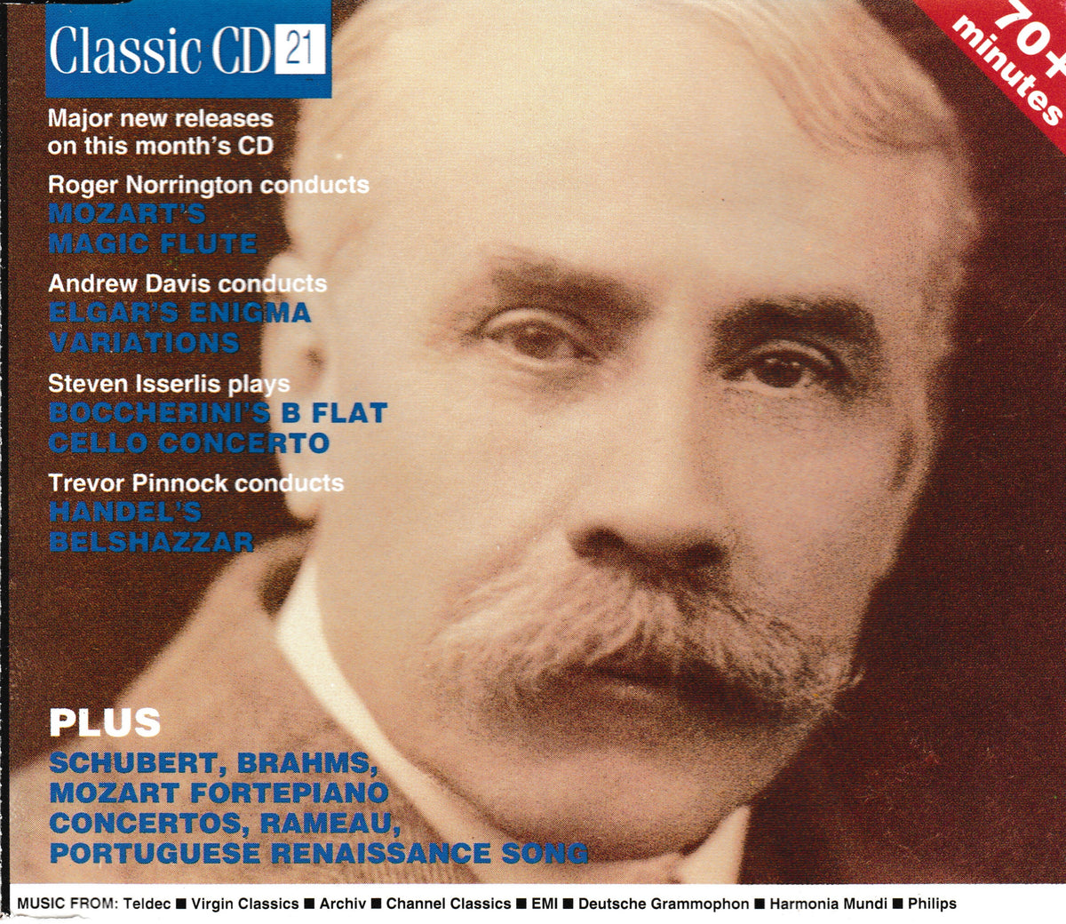 A CD cover featuring a sepia-toned portrait of Elgar, with blue and white text listing classical music titles and performers. The top left reads 'Classic CD 21' and the top right has a red corner banner.