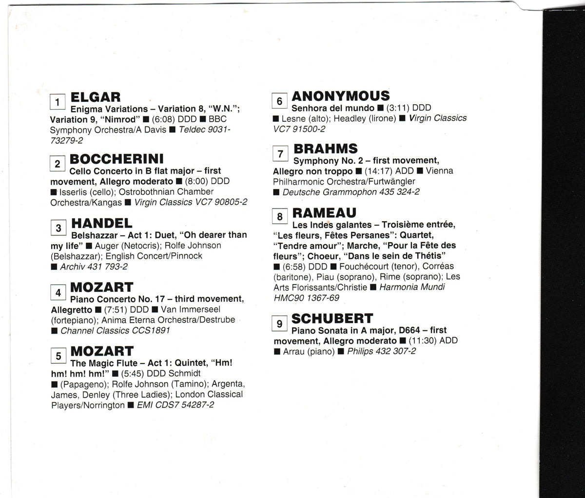 A CD inlay showing a classical music repertoire list with numbered compositions and composer names, photographed against a dark background.