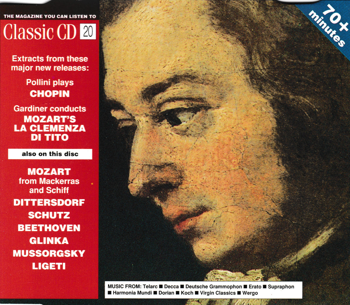 CD cover for a music compilation titled 'Classic CD 20' featuring a close-up portrait of Mozart on the right and a red sidebar listing featured works and artists on the left.