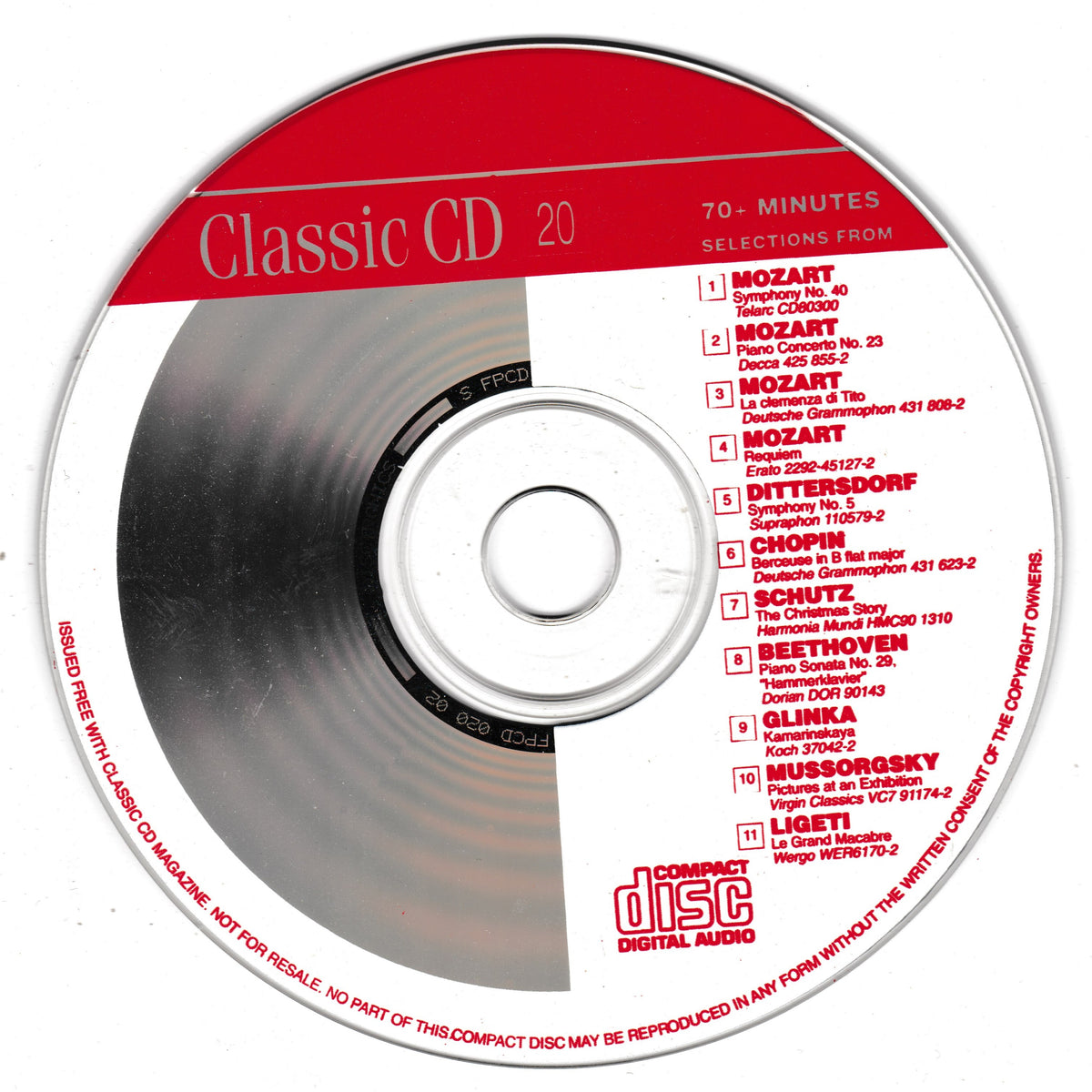 A CD disc featuring a red and silver label with tracklist text for Mozart, Chopin, Beethoven, Liszt, and other classical pieces. The disc reads 'Classic CD 20' and '70 MINUTES FROM'.