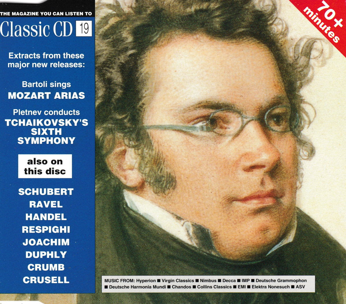 CD cover for 'The Magazine You Can Listen To: Classic CD 19' featuring a portrait of Schubert on the right and a blue sidebar listing album titles on the left.