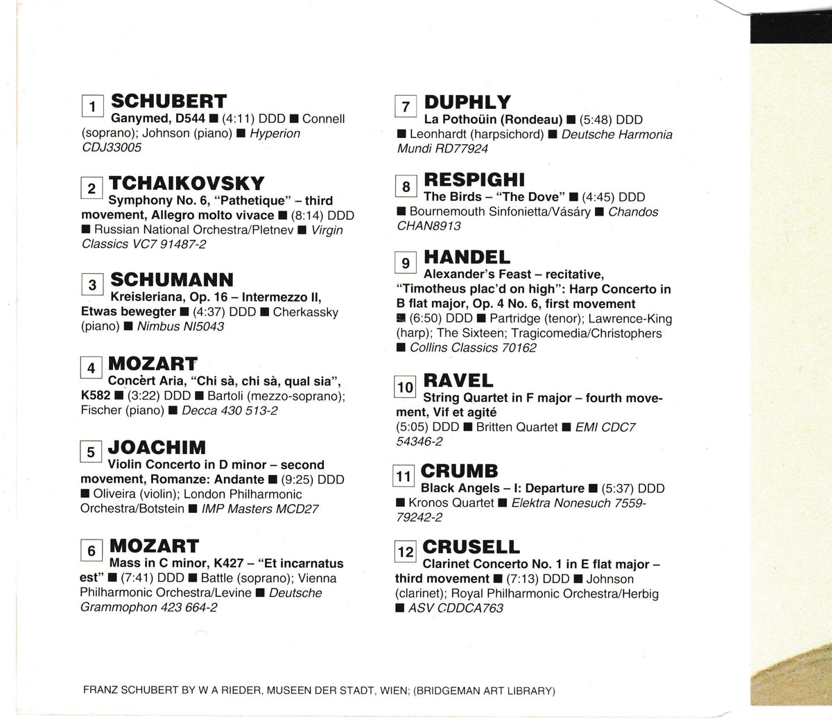 A printed CD inlay showing a list of classical music compositions with composer names, instrument choices, and recording labels, photographed against a light neutral background.