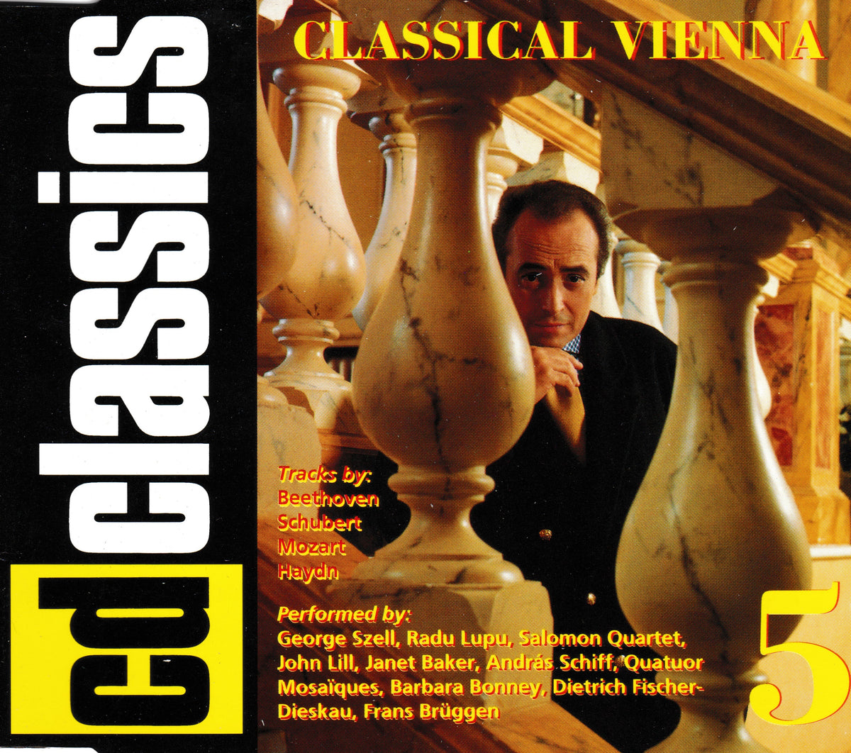 CD album cover for 'Classical Vienna' featuring a man seated among large decorative urns in a classical interior, with yellow title text and a black vertical band reading 'cd classics' on the left.