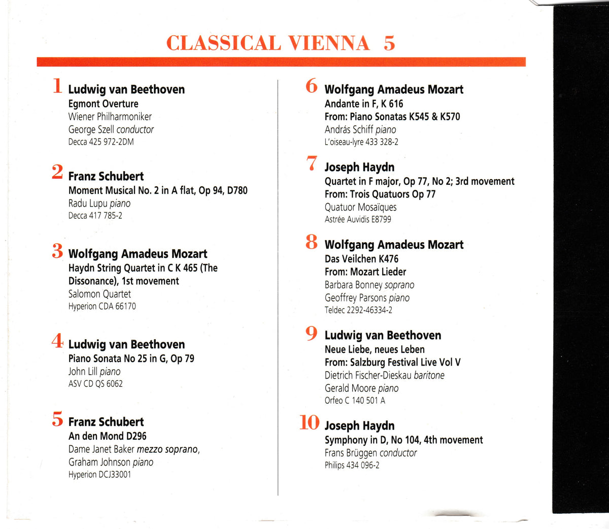 A printed CD inlay listing classical piano repertoire with numbered pieces and composer/pianist names, photographed against a dark background.
