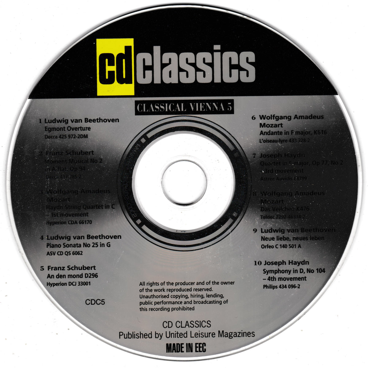 A CD album cover for 'cd classics CLASSICAL VIENNA 5' featuring a black and silver disc design with white text and a yellow 'cd' logo.
