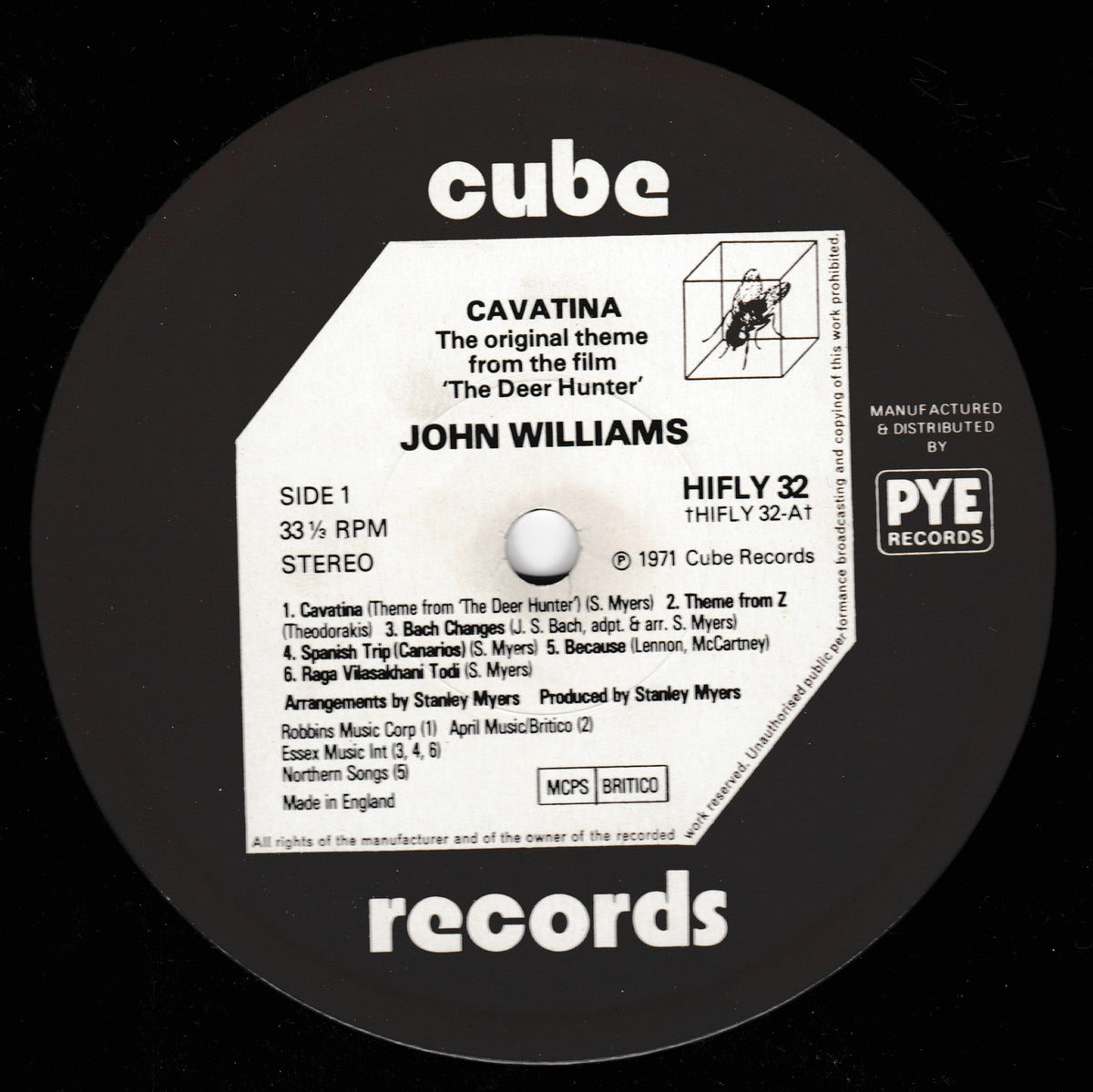 A black vinyl record label with a white paper insert, featuring the artist name John Williams and the title Cavatina. The record is branded with 'cube records' at the top and 'PYE RECORDS' on the insert.