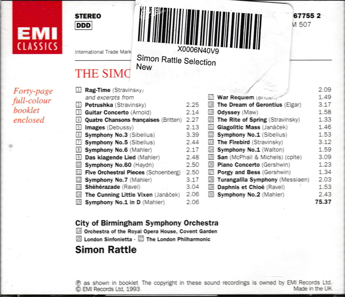 Back cover of a Simon Rattle CD album booklet from EMI Classics, showing track listings, barcode, catalog number, and orchestra names including City of Birmingham Symphony Orchestra and London Sinfonietta.