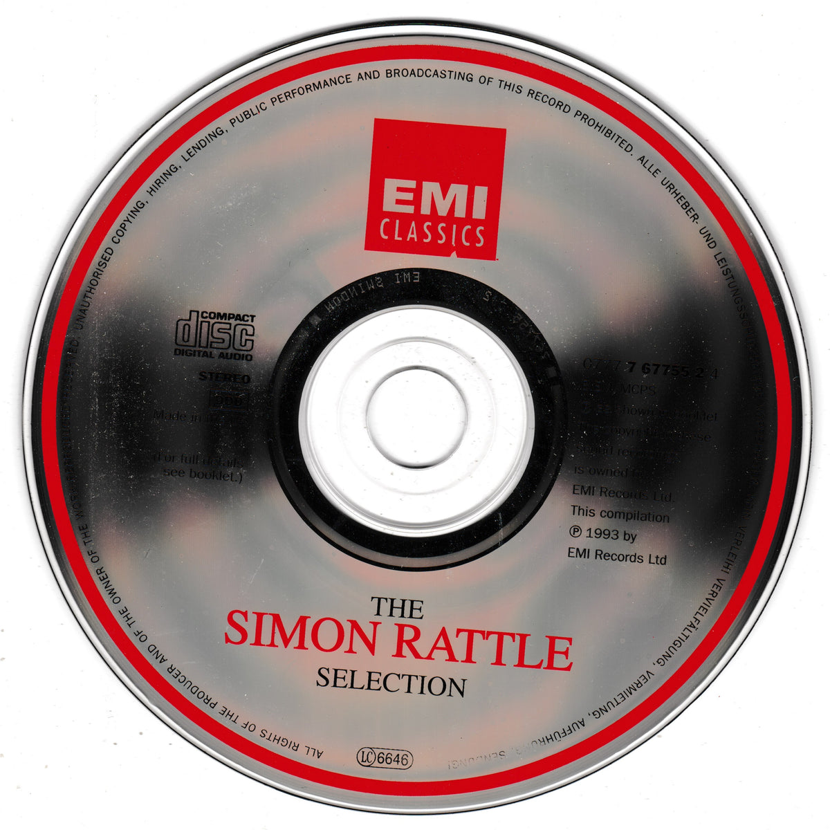 A CD album for 'The Simon Rattle Selection' on EMI Classics, featuring a reflective silver disc with a red and black label.