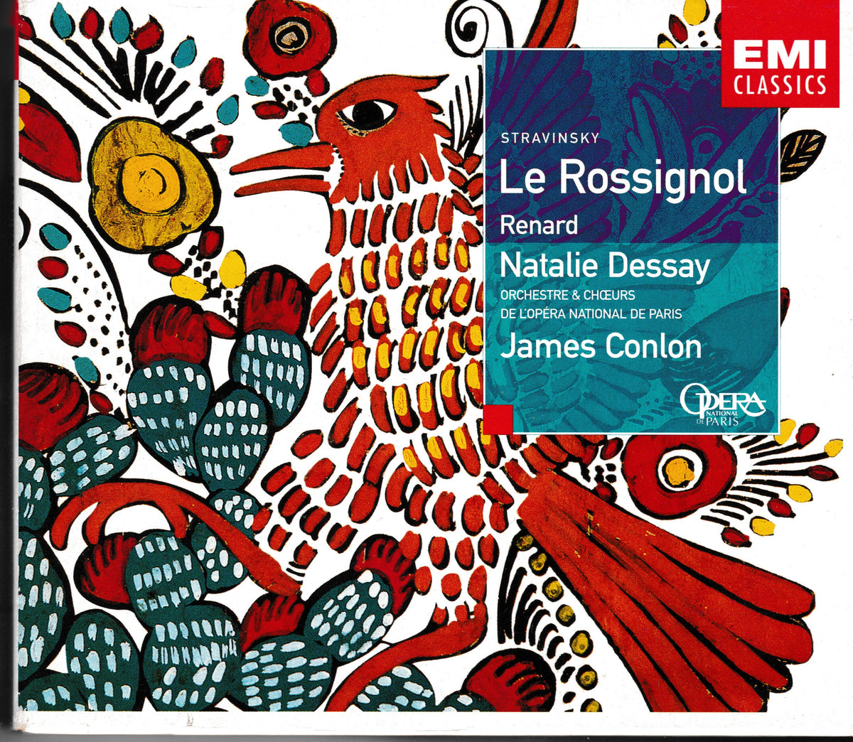 CD cover for EMI Classics' Stravinsky's 'Le Rossignol' featuring a colourful folk-art bird illustration in red, teal, yellow, and black on a white background, with a blue-green title box and the Ophelia Records logo.