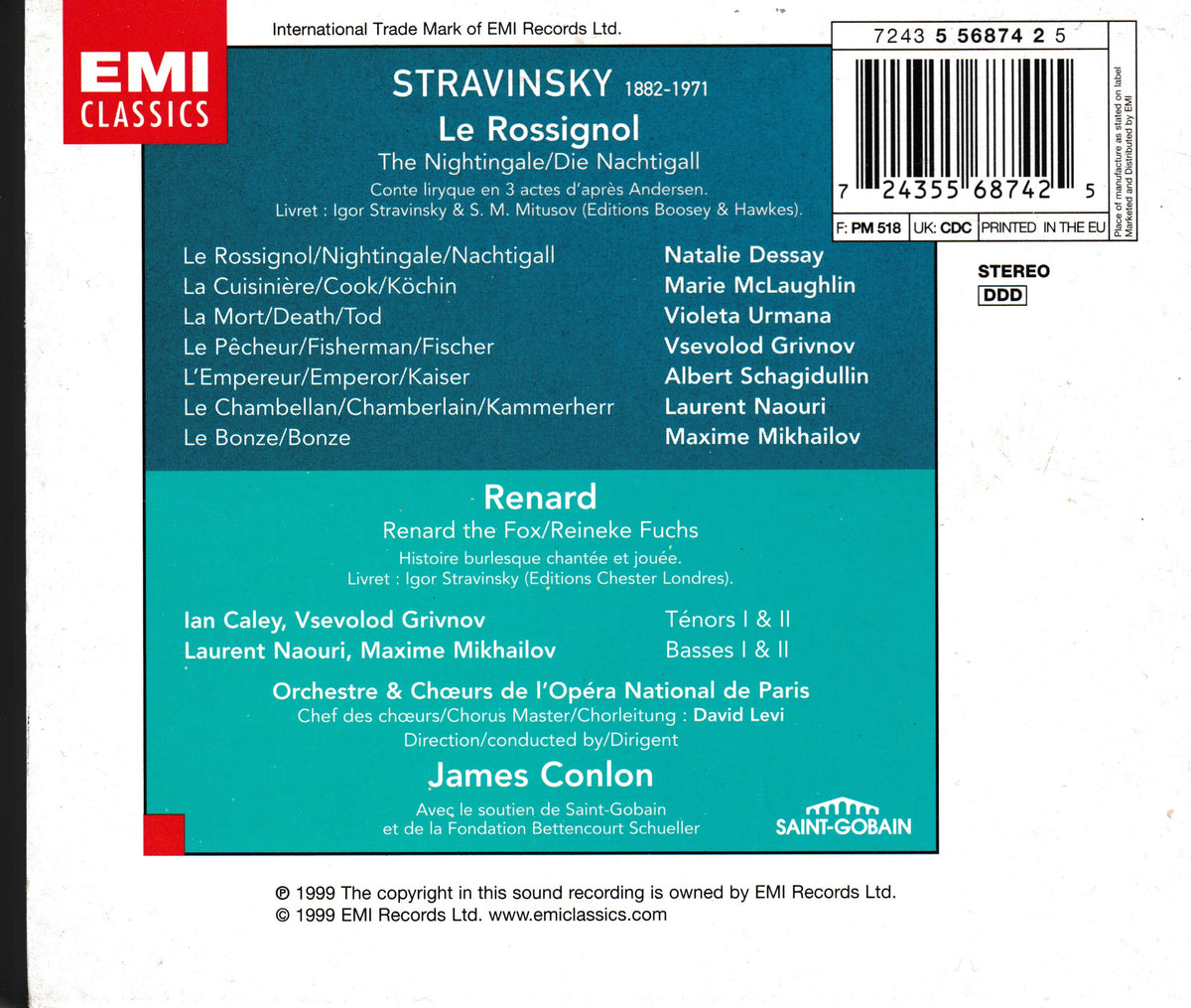 The back cover of an EMI Classics CD release of Stravinsky's The Rossignol and Renard on a teal background with white text, a barcode, and the EMI Classics and Saint-Ocean logos.