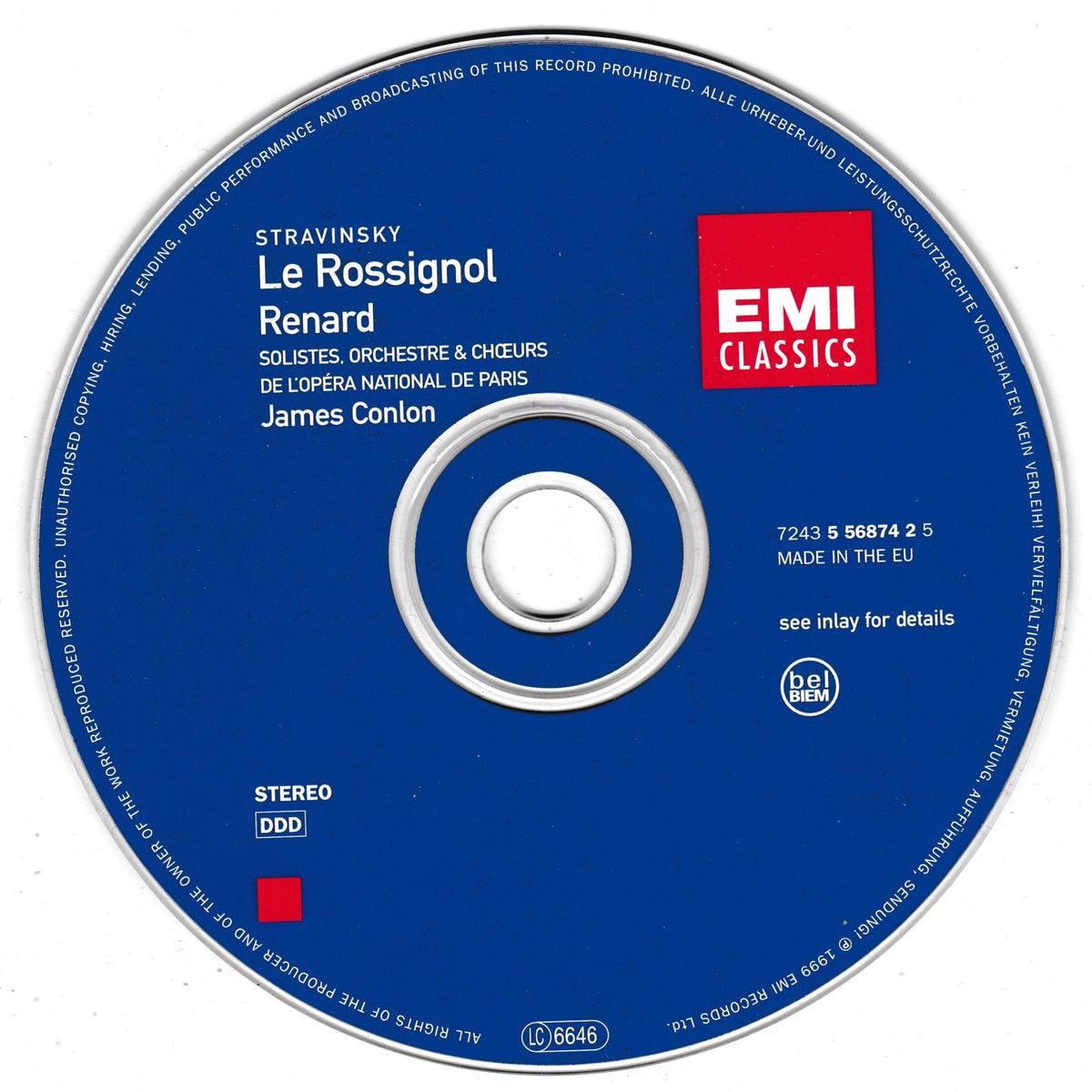 A blue CD disc for Stravinsky's Le Rossignol on EMI Classics, featuring white text, a red logo block, and a silver reflective rim on a white background.