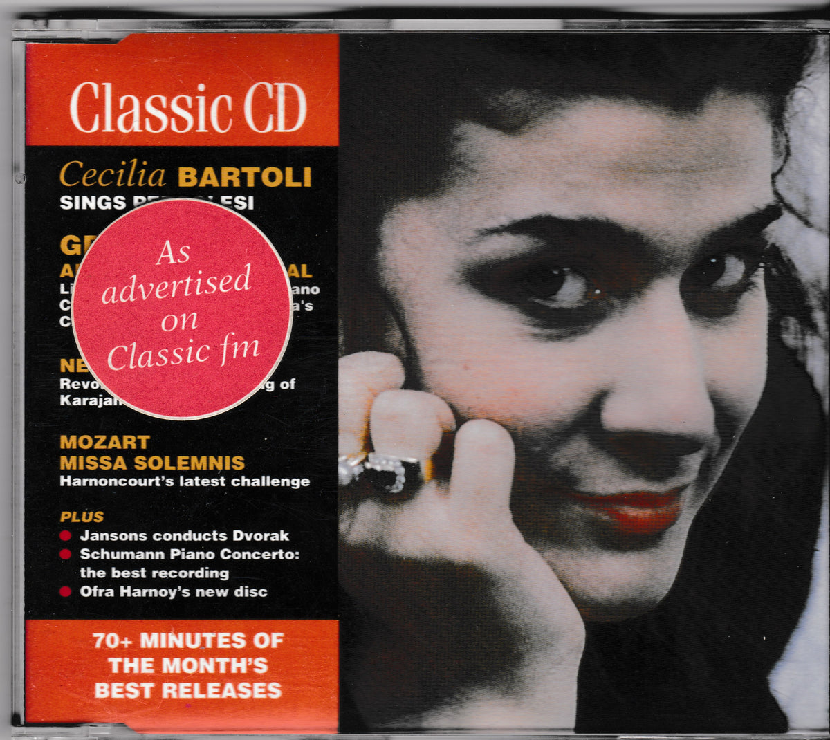A CD album cover for a music release featuring a close-up portrait of Cecilia Bartoli on the right and orange-and-black text panels on the left. Visible text includes 'Classic CD', 'Cecilia Bartoli', and a red circular badge reading 'As advertised on Classic fm'.