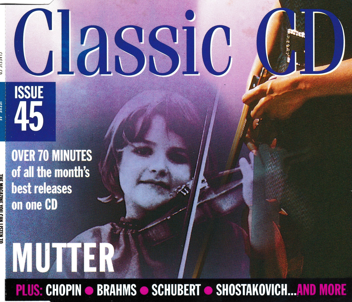 Front cover of a music CD titled 'Classic CD Issue 45' featuring a portrait of a young violinist, with large blue title text and a black bottom banner listing classical composers.