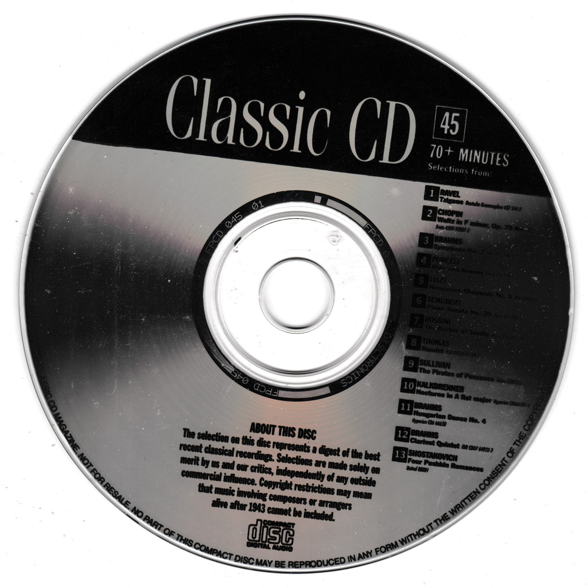 A classic compact disc (CD) with a black and silver reflective surface, featuring the text 'Classic CD' and track information, photographed on a white background.