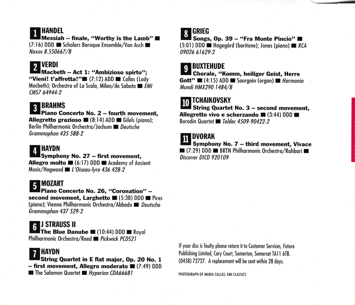 A black-and-white CD inlay listing classical music works and performers in two columns, with a small pink vertical stripe along the right edge.