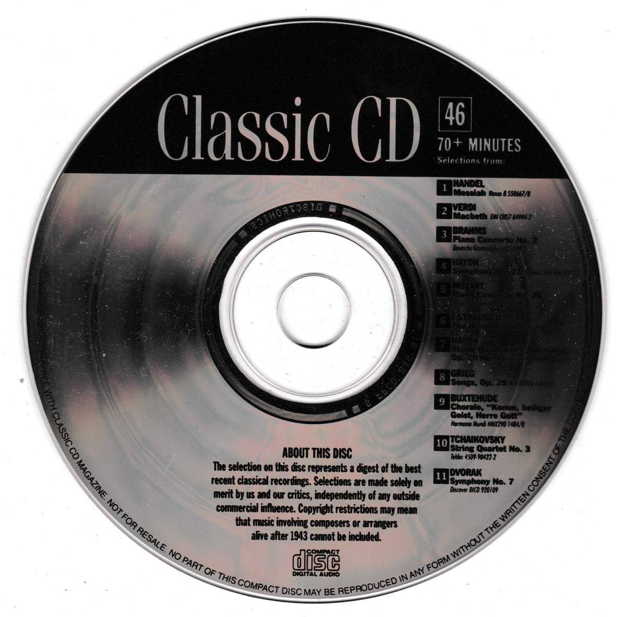 A classic compact disc with a black and gray reflective surface, featuring white text that reads 'Classic CD' and track listing details on the right side.
