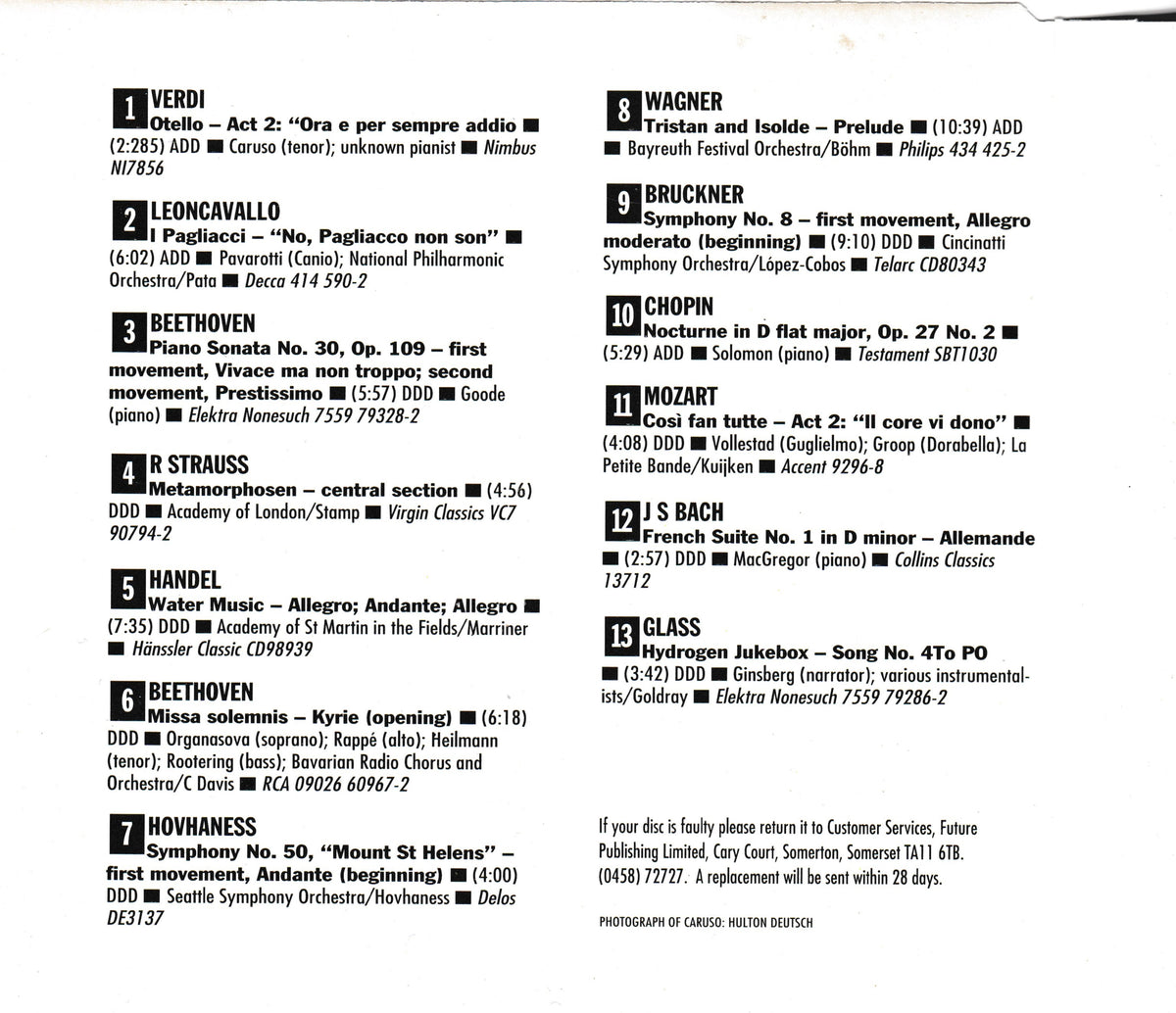 A printed CD inlay showing a list of classical music compositions with composer names, performers, instrumentations, and page numbers on a white background.