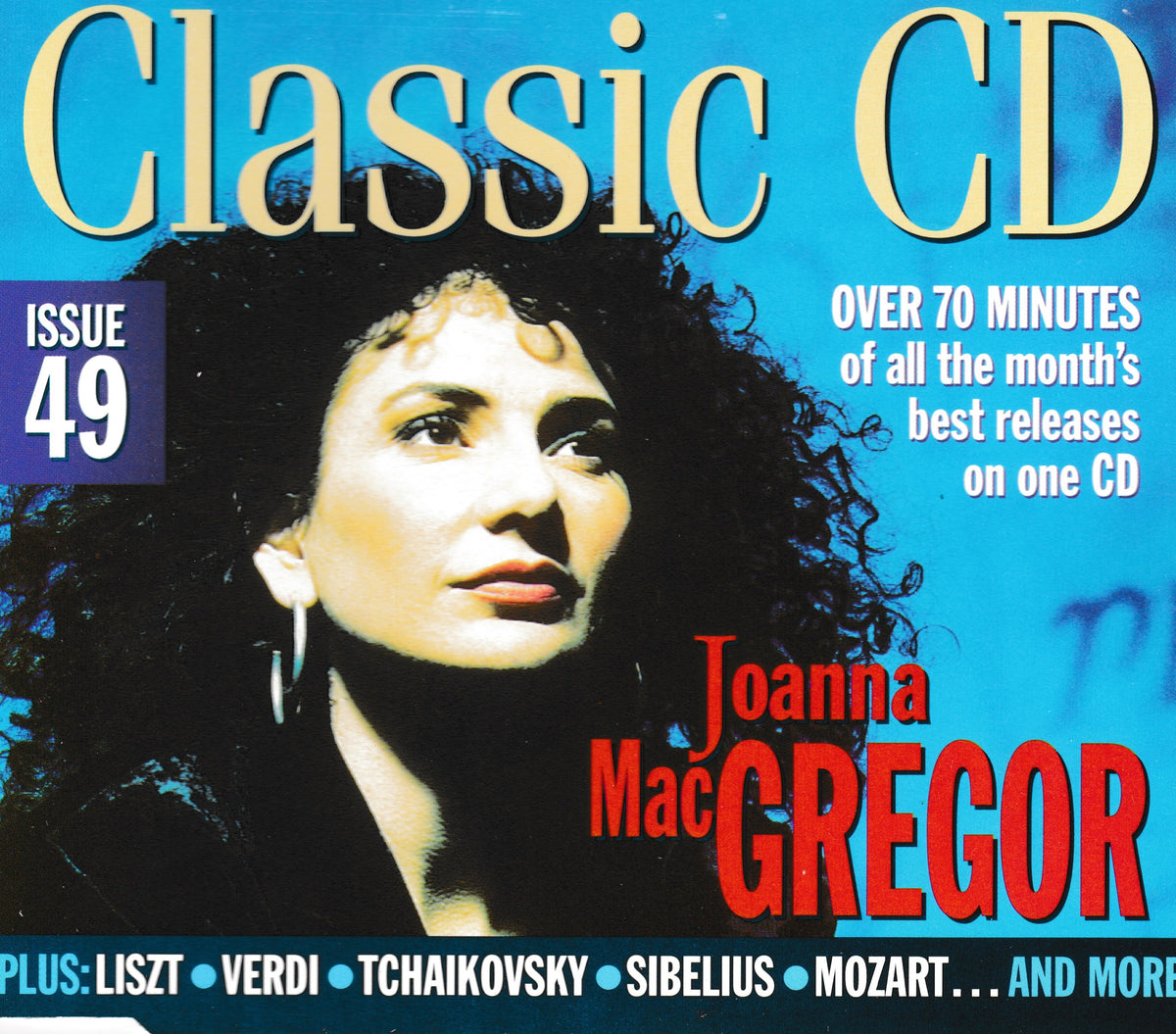 Front cover of a music CD titled "Classic CD" Issue 49, featuring a portrait of Joanna MacGregor on a bright blue background with large gold and red text.