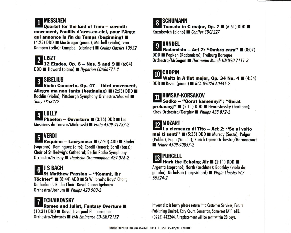 A CD inlay showing a classical music repertoire list with track titles, composers, recording labels, and durations in black text on a white background.