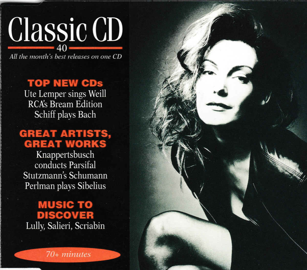 A CD cover for 'Classic CD 40' featuring a black background with white and orange text and a black-and-white portrait of a woman on the right side.