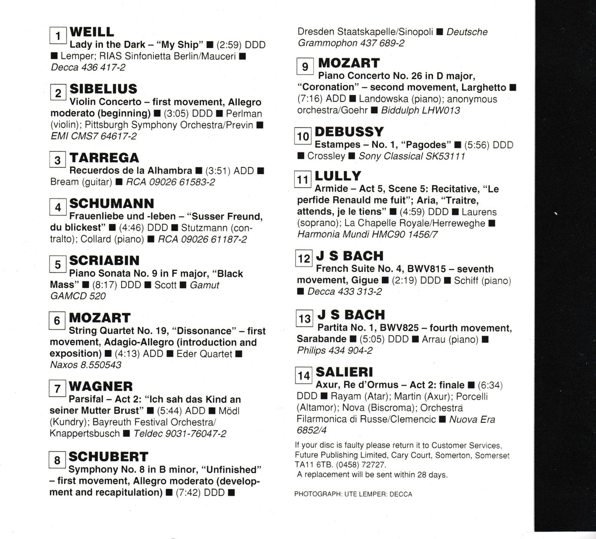 A black-and-white CD inlay showing classical piano arrangements with composer names at the top and arranged works listed below, photographed flat against a white background.