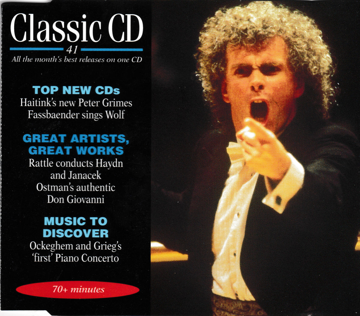 CD cover for 'Classic CD 41' featuring a concert photograph of a male conductor with curly hair, wearing a black tuxedo jacket and white shirt, pointing forward. The left side has a black background with white and blue text promoting new CDs and artists.