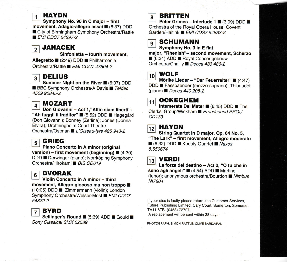 A black-and-white CD inlay with numbered musical works and orchestra names, including Haydn, Mozart, Brahms, Britten, Schumann, and others.