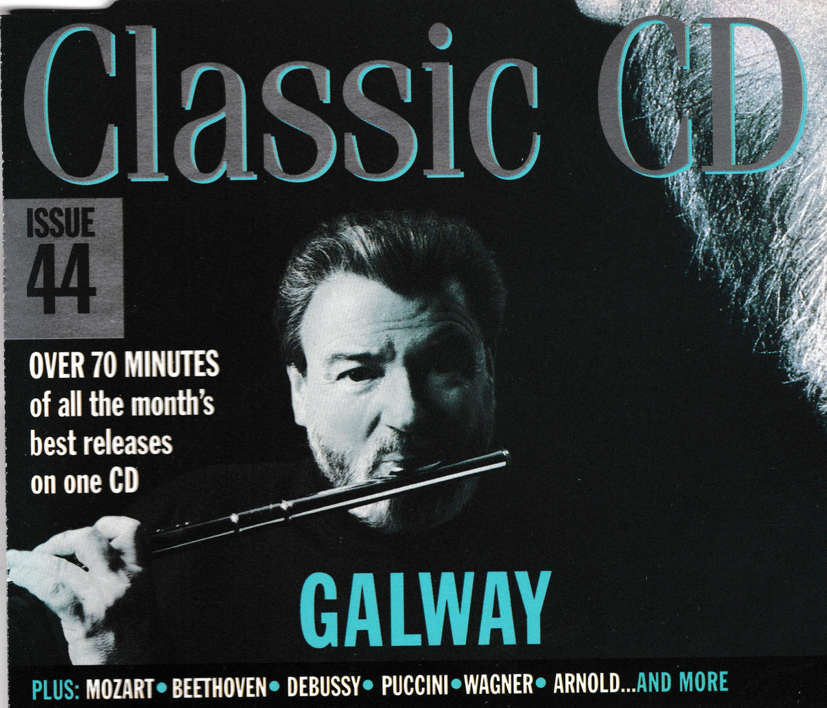 CD cover for 'Classic CD Issue 44' featuring a black background, large teal and gray title text, white promotional copy, and a close-up portrait of James Galway holding a flute.