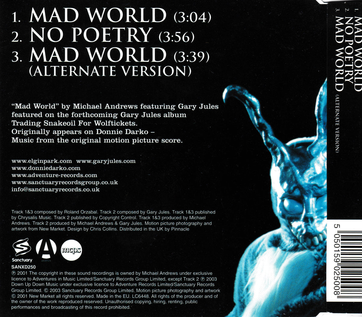 Back cover of the CD release of Michael Andrews' 'Mad World' featuring Gary Jules, showing tracklist text on a black background with a blue-toned silhouette of a person and album details.