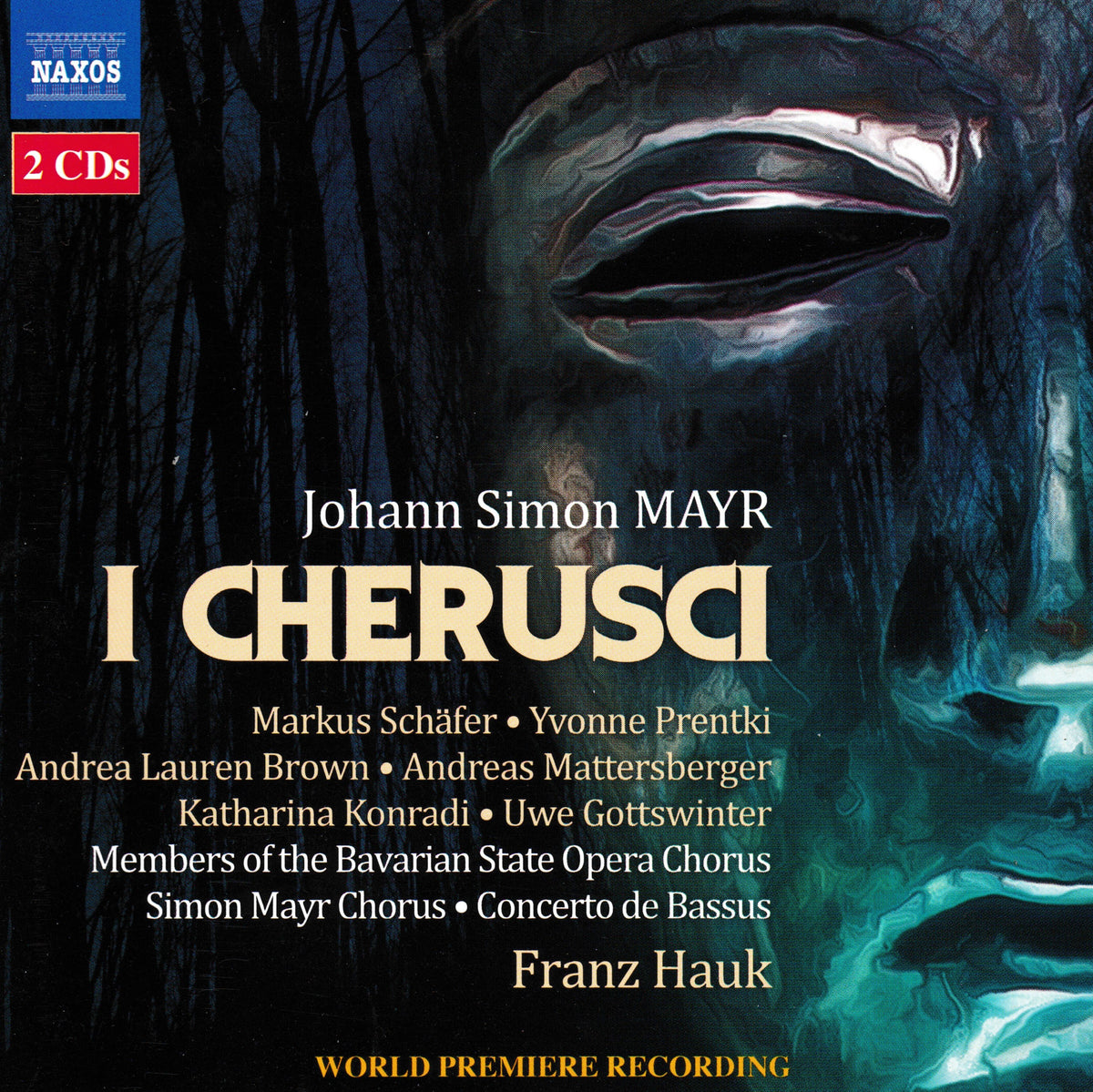 CD cover for Johann Simon Mayr's 'I Cherusci' recording, featuring a dark, moody painting of a face in a forest with teal and black tones. The Naxos logo appears in the top-left corner, along with '2 CDs' and the full conductor and orchestra credits.