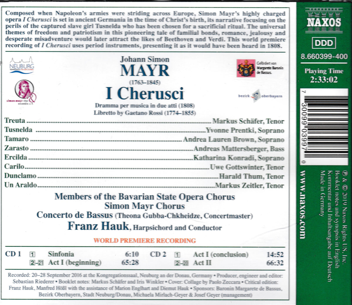 The back cover of a Naxos CD release of Johann Simon Mayr's 'I Cherusci', featuring tracklist information, credits, and barcode on a white background with a green spine.