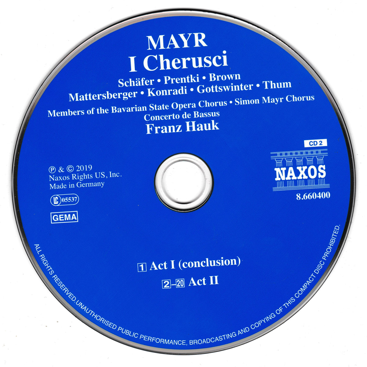 A blue compact disc with printed white text, featuring the title 'MAYR I Cheruski' and the NAXOS logo, photographed on a plain white background.