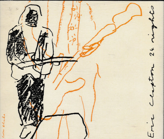 An abstract expressionist painting on textured off-white paper, featuring black ink sketches of figures and instruments, orange gestural lines, and handwritten text reading 'Eric Clapton 24 nights' on the right.
