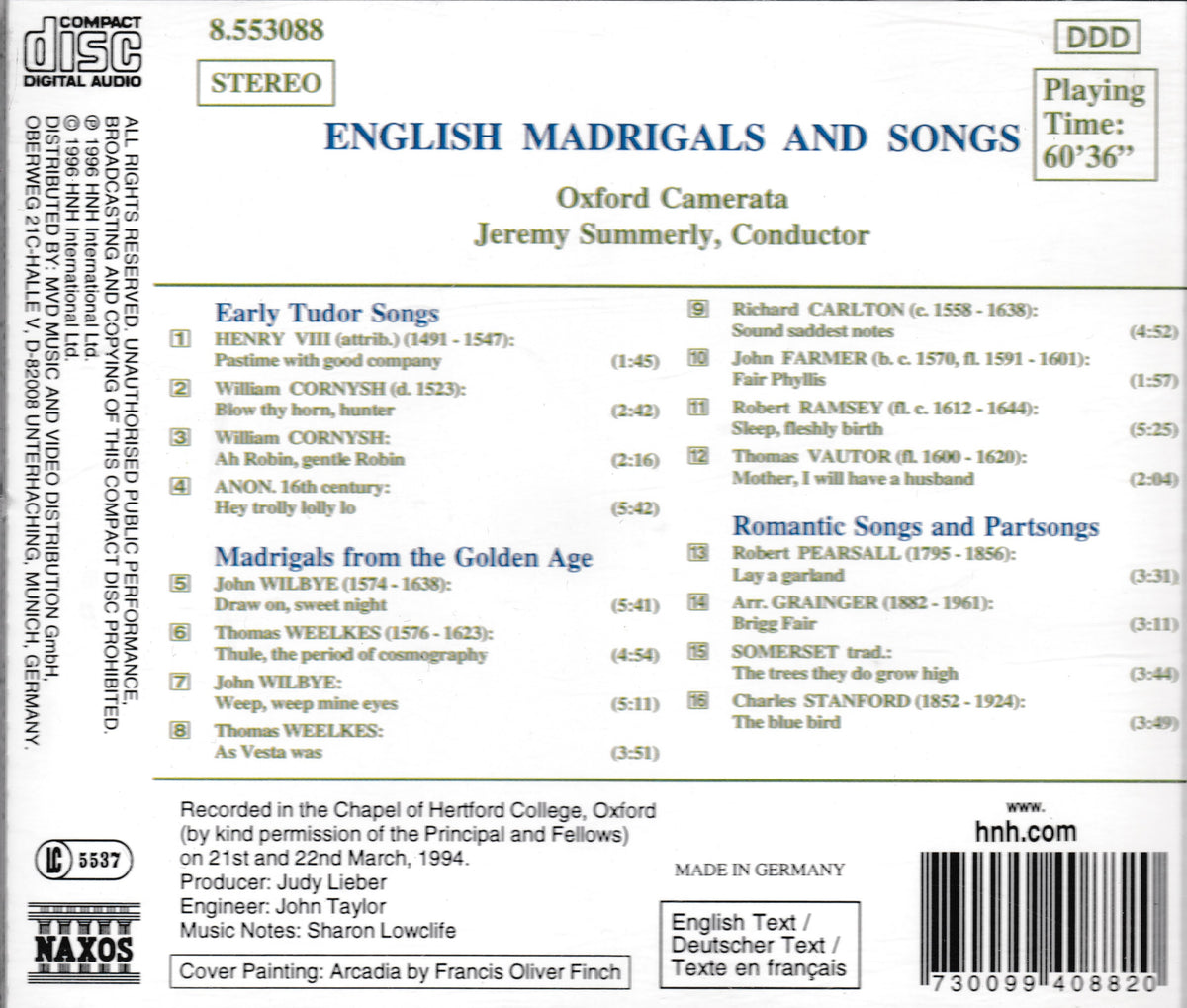 Oxford Camerata, Jeremy Summerly – English Madrigals And Songs (Naxos 1996) CD album