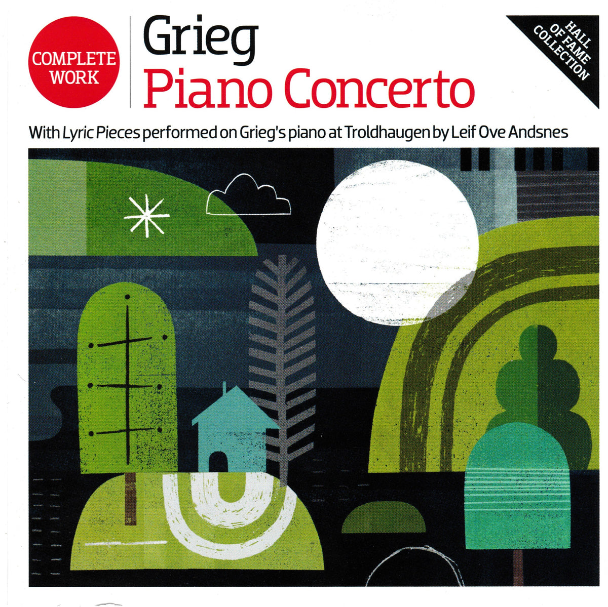 Cover art for a complete work piano collection featuring Grieg's Piano Concerto. The design includes a red 'Complete Work' badge, black and red title text, and a stylized landscape illustration in green, teal, white, and dark blue tones.