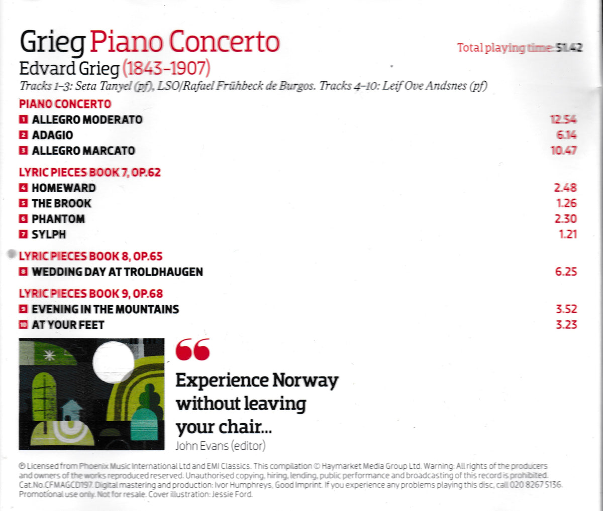 A printed or scanned sheet/booklet page for Edvard Grieg's Piano Concerto, with track listings, performance notes, and a small cover illustration. The page is mostly white with red and black text, plus a small multicolor illustration near the bottom left.